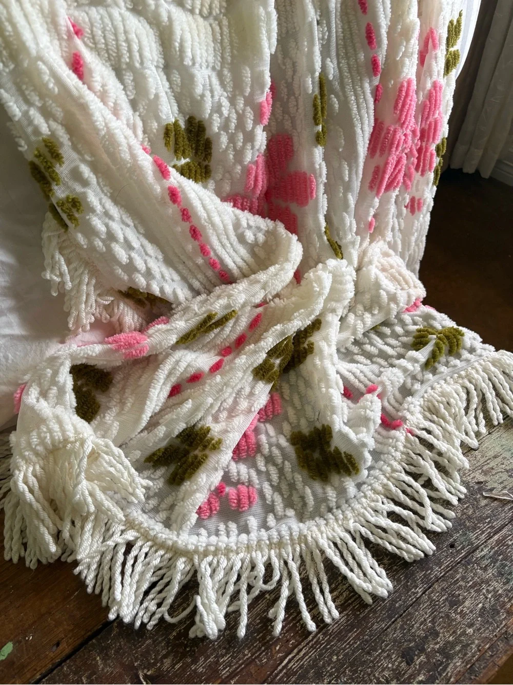 White Chenille Throw Blanket with Pink Floral Pattern